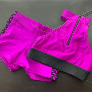 Motionwear Dance Purple Sports Bra and Booty Shorts with Black Net; Size 6X-7.